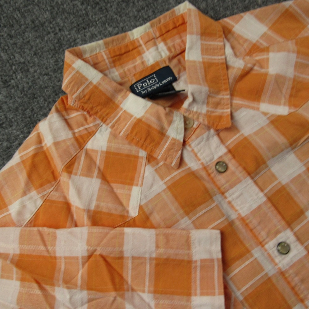 Polo Ralph Lauren Shirt Boys XL 18-20 Plaid Orange White Pearl Snap Short Sleeve